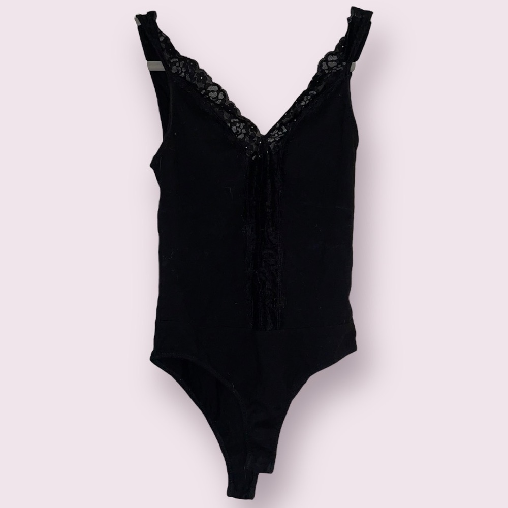 Ambiance Black Lace Trim Bodysuit Sleeveless Fitted Size S